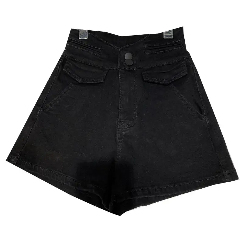 

High Waist Double Pocket Women Denim Shorts Design Pure Color Basic Denim Shorts