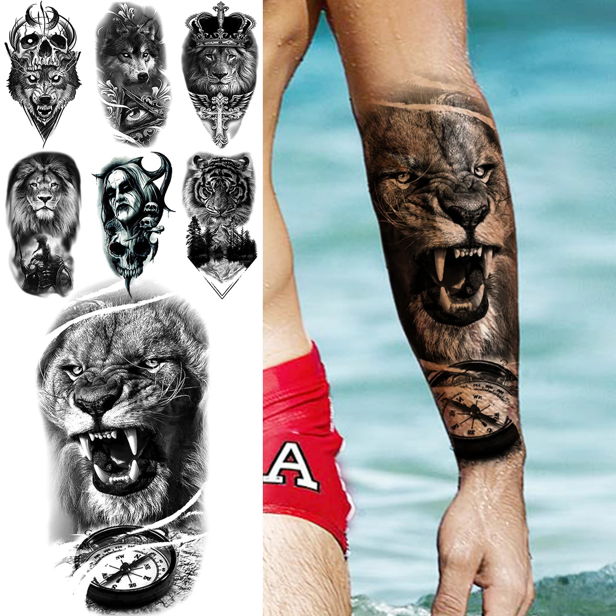 

3D Лев, модный предплечник, компас, временные татуировки для мужчин, тигр, волк, Череп, вампир, искусственная татуировка, искусство тела