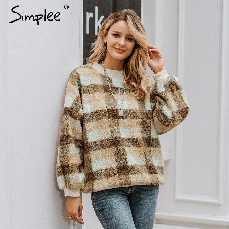Simplee Casual lambswool plaid women hoodies sweatshirts O neck pullover loose female sweatshirt Autumn winter ladies warm coat