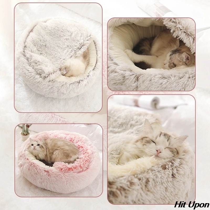 

2021 Hot New Style Pet Dog Cat Bed Round Plush Cat Warm Bed House Soft Long Plush Bed For Small Dogs For Cats Nest 2 In1 Cat Bed