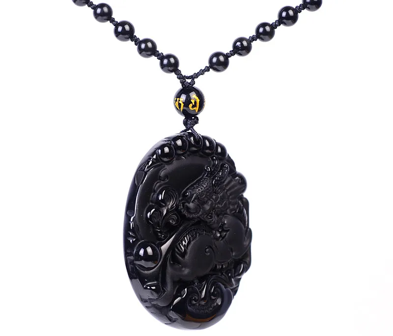 Ожерелье из бусин натурального черного обсидиана ручная работа кулон кирина и