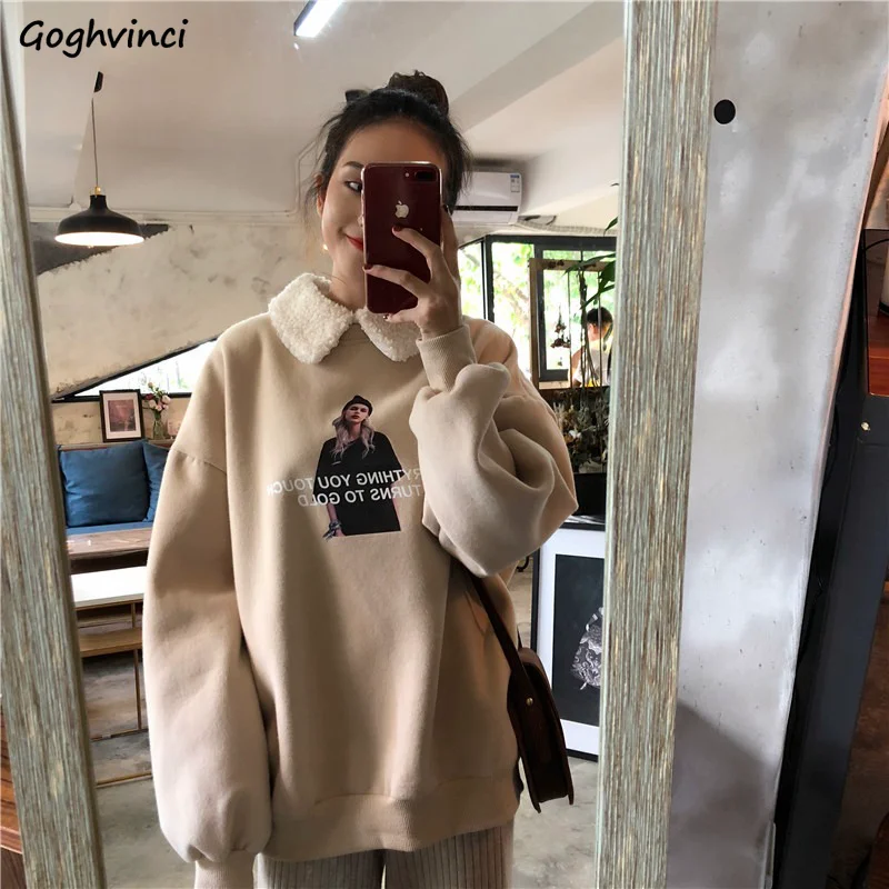 

Худи женское без капюшона, теплая Повседневная Верхняя одежда с отложным воротником в стиле ольччан, модная винтажная одежда с принтом в Ко...