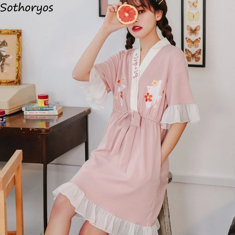 

Summer Kawaii Nightgowns Women Printed Belt V-neck Ruffles Sleepshirts Soft Knee-length Loose Kimono Home Service Casual Trendy