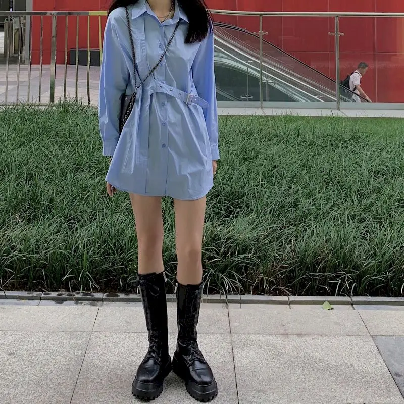 

2021 Autumn New Blue Shirt Skirt Female Hong Kong Flavor Retro Korean Version Loose Mid-length Long-sleeved Top Harajuku Dress