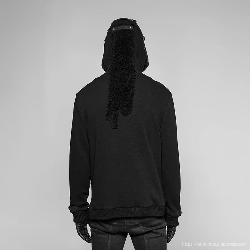 Мужской черный кардиган с капюшоном свободный и удобный теплый в стиле стимпанк