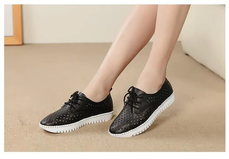 2021 summer new soft leather lace-up hollow breathable white shoes female flat-bottom casual pregnant women single shoes mother