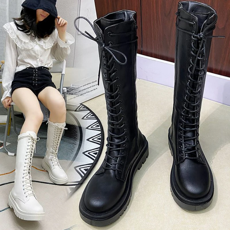 

Женские сапоги на шнуровке, повседневные сапоги до колена, на толстой подошве, на молнии, на платформе, 2021