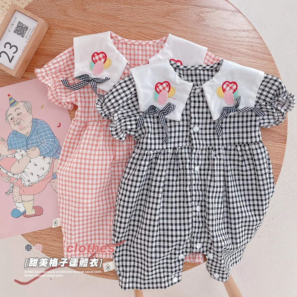 

Летние милые клетчатые комбинезоны с коротким рукавом для маленьких девочек, хлопковые комбинезоны для малышей, комбинезоны для новорожде...