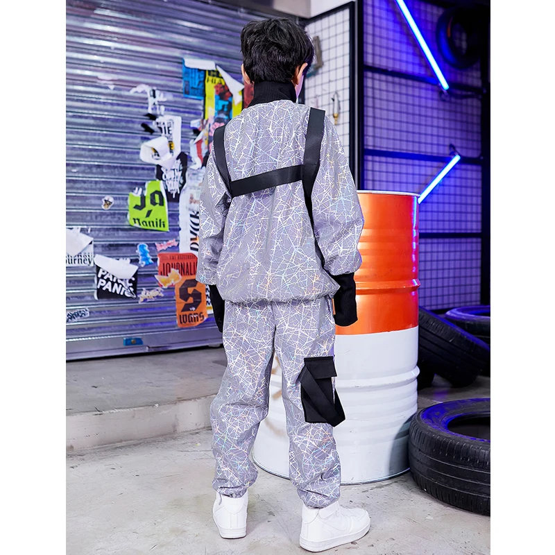 

Children Hip Hop Costume Cool Reflective Tops Loose Pants Boys Stage Clothes Modern Fashion Girls Jazz Performance Outfit
