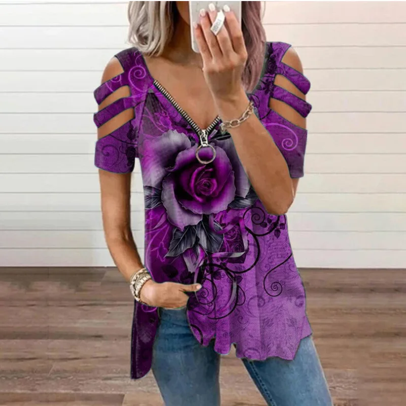 

Women Tees Female 2021 Rose Big Large Off Shoulder Summer Zipper Boho Sexy Casual Tops Femme Hole Out Ladies T Shirts Plus Sizes