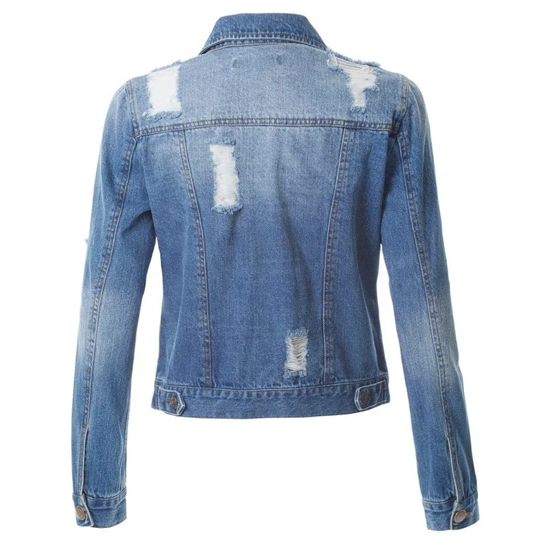 

3XL Jacket Women Autumn Winter fashion Solid Color New slim hole denim jacket Casual Explosion top Jacket Coat