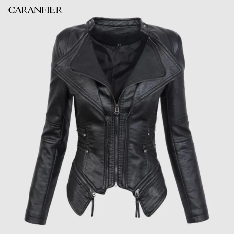 Куртка CARANFIER женская из искусственной кожи короткая приталенная черная