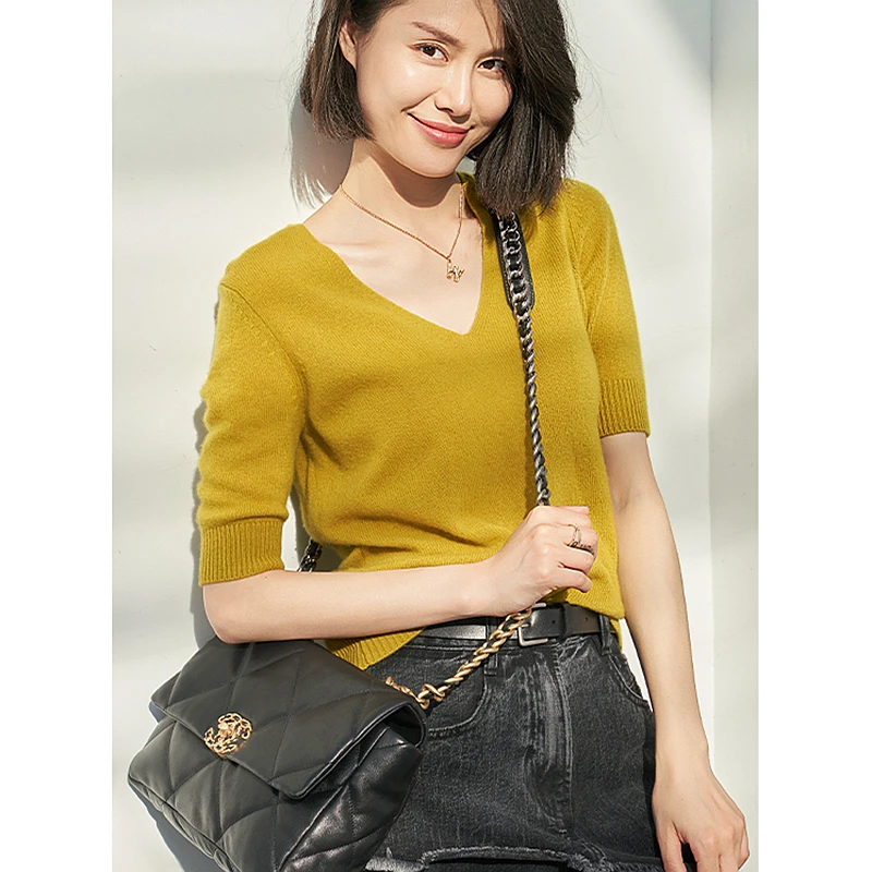 

T-shirt Women High Quality 100% Cashmere Knitted Simple Design V Neck Short Sleeve 6 Colors Ladies Casual Top Ladies New Fashion