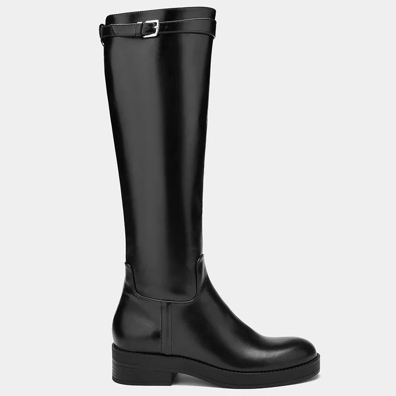 

2021 Autumn and Winter New Women's Black shoes Buckle Round Head Flat Boots Fashion Knight boots