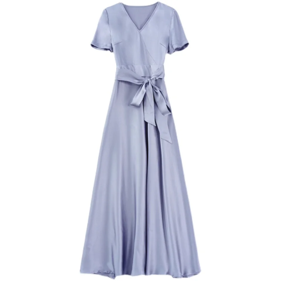 

Summer Bow Satin Dress Women Elegant Slim Solid Long Party Dress Female Fashion V-Neck Big Swing Dress Lady Vestidos