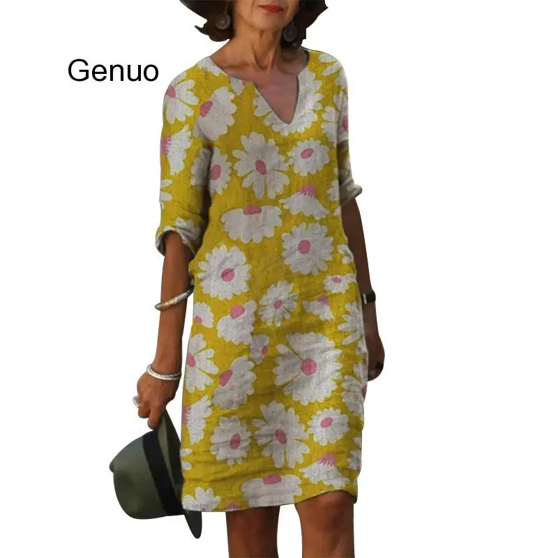 

Пляжное платье с принтом подсолнуха, рукав средней длины, v-образный вырез, трапециевидный пуловер, богемные платья 2020, Vestido Femme, лето, Новинка