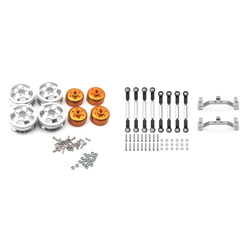 

2 Set RC Car Part: 1 Set Metal Wheel Rim Kit Wheel Hub & 1 Set Metal Pull Rod Steering Link Rod Pull Rod Base Set
