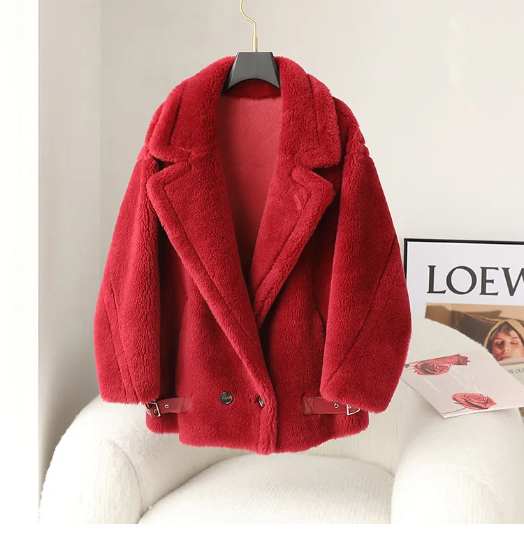 Luxury Streetwear Natural Real Sheepskin Fur Coat Women Warm Female Woolen Coat with Belt Thick Jackets Outerwear Pockets