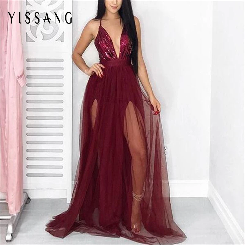 2017 на осень зиму праздничное длинное платье слинг вечернее Глубокий v образный