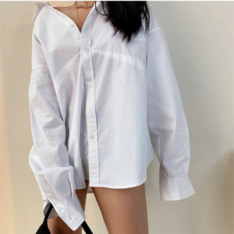

Casual White Blouse Women Long Sleeve Fashion Collar Sexy Boyfriend Style Oversized Shirt Female Pocket Female Autumn Ladies Top