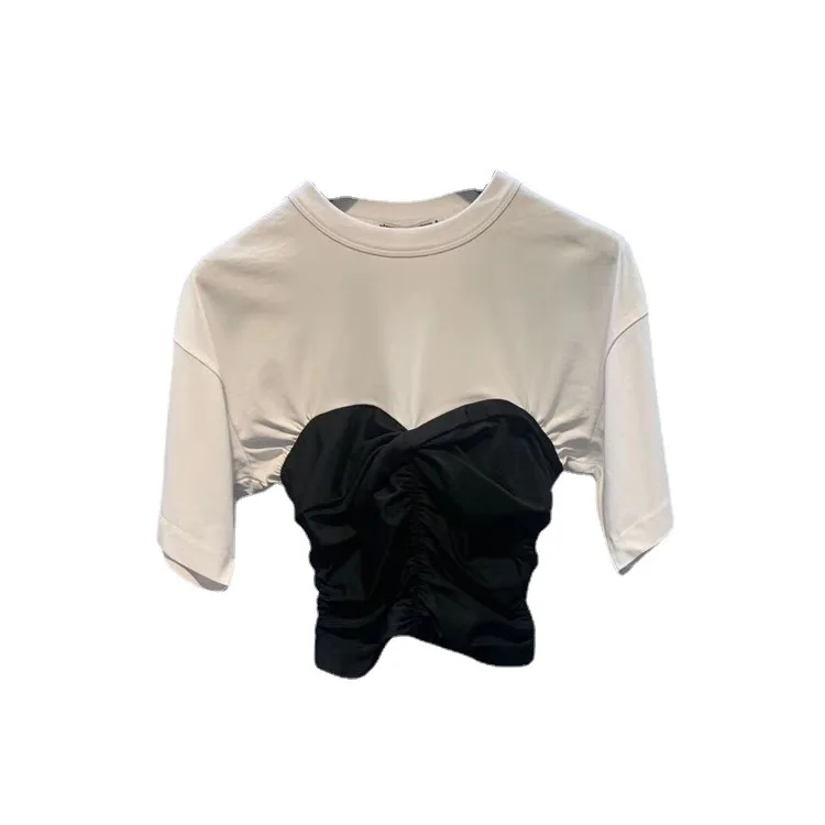 

Alexander Aw King Black and White Hit Color Round Neck Waist Slimming Pleated T-shirt Women's Short-sleeved Tight Crop Top