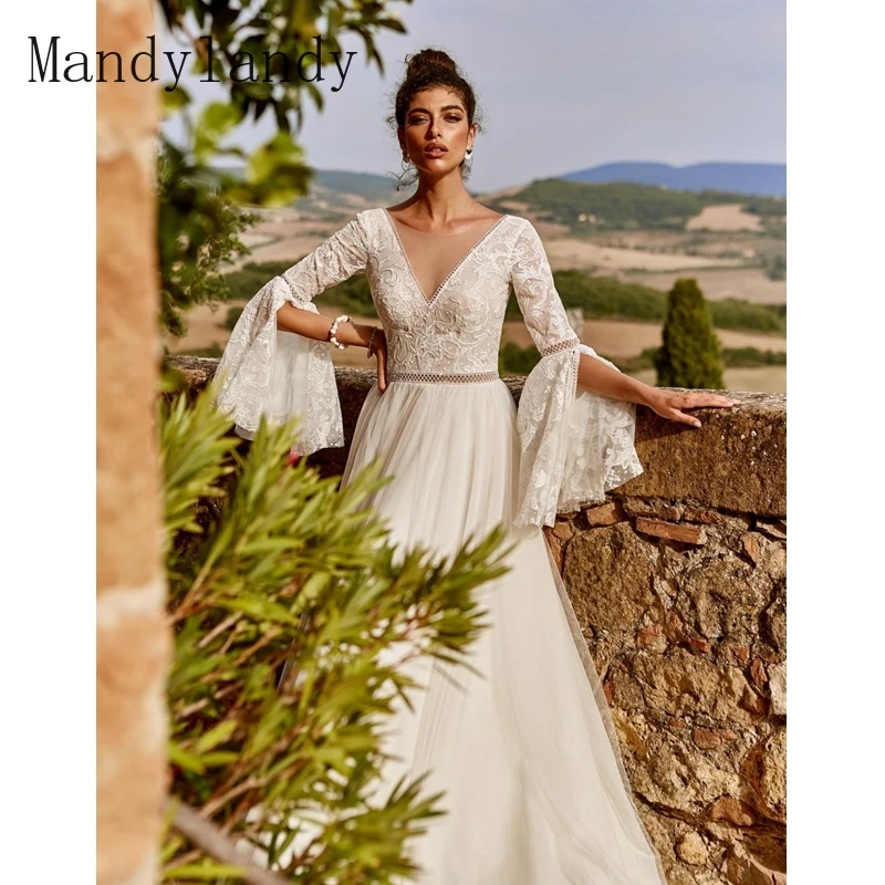 

Mandylandy Dress Autumn Sexy Flare Sleeve V-neck High Waist Wedding Dress Women Elegant Embroidered Lace Pleated Stitching Dress