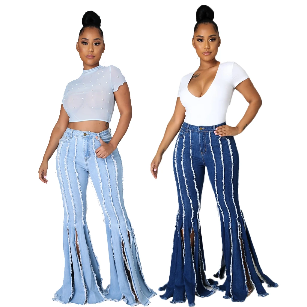 

Street Wear For Women Chic Tassel Design Mid Waist Denim Flare Jeans
