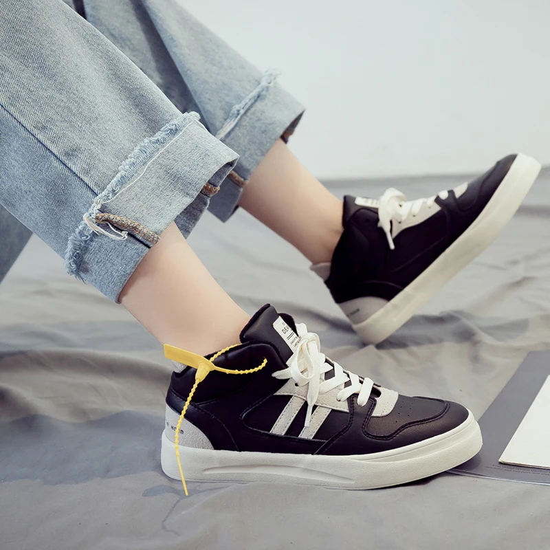 

2020 New Fashion High Top Sneakers Women Casual Shoes White Flat With Lady Genuine Leather Shoes Lace Up Keep Warm Trainers