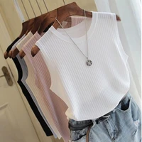 summer thin knitted ladies wide shoulder strap round neck solid color vest top casual sleeveless ice silk top