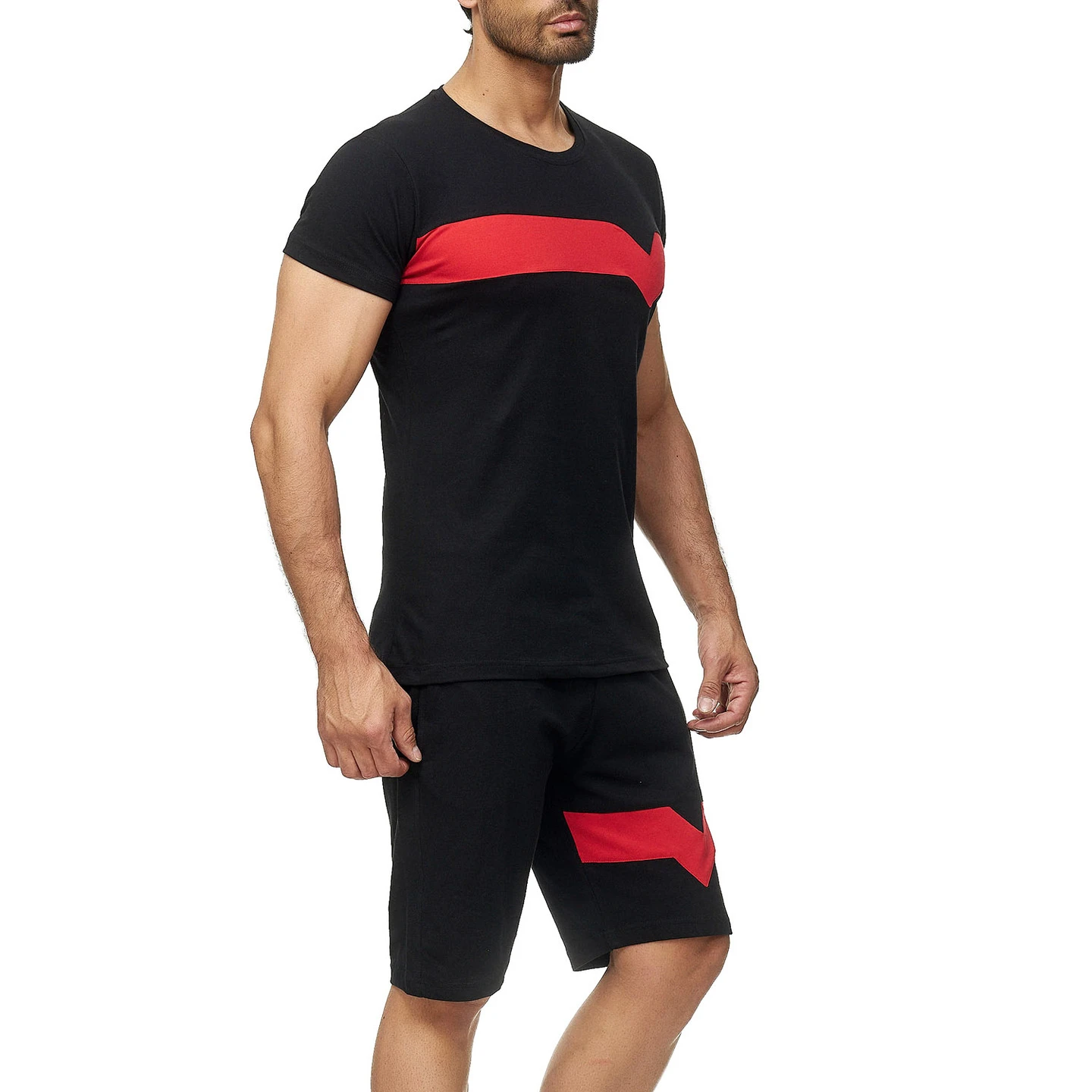 

2021 Summer Sports Men's Short-sleeved T-blood Cotton Color-blocking Casual Sportswear Jogging Suit Men's Two-piece Suit