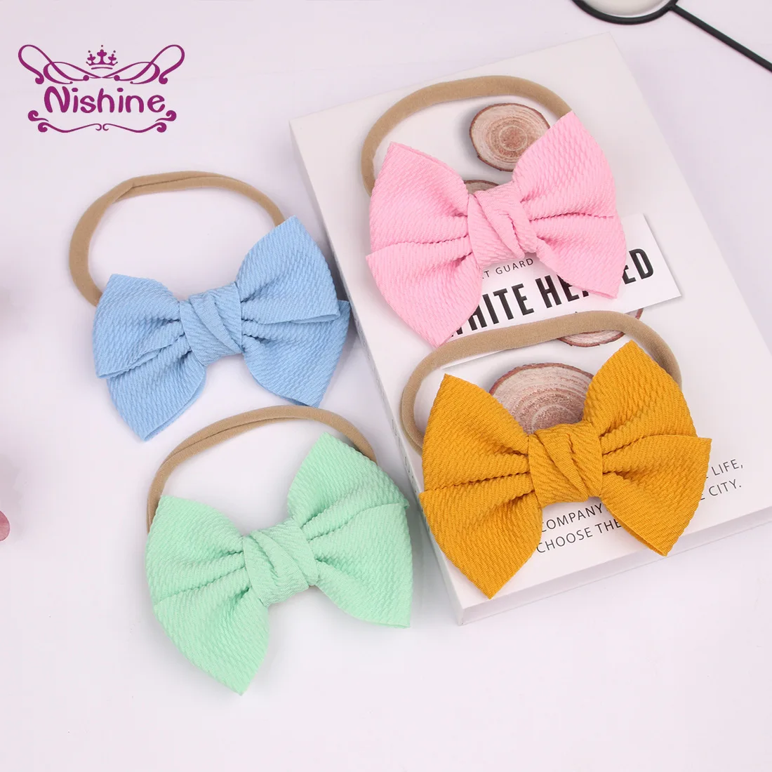 

Nishine 4.5 Inches Handmade Fabric Bowknot Headband Baby Girls Elastic Nylon Hairband Kids Solid Color Bows Headwear Photo Props