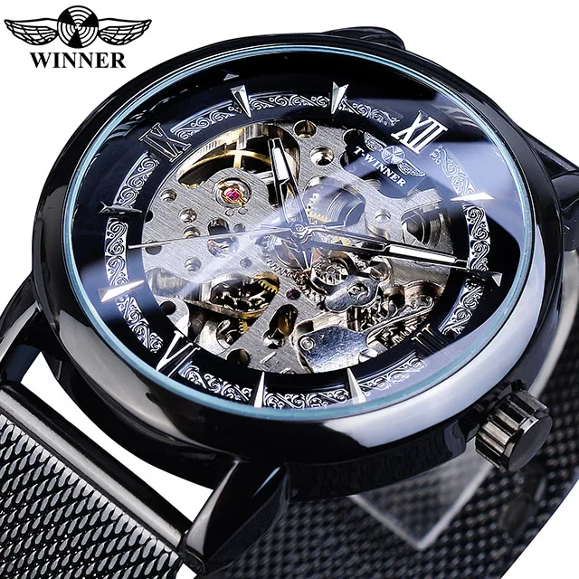 GMT1130-9 Winner мужские синие модные механические часы с ручным заводом, светящиеся стрелки из нержавеющей стали с сетчатым ремешком, деловые часы Montre Homme - Цвет: GMT1130-9
