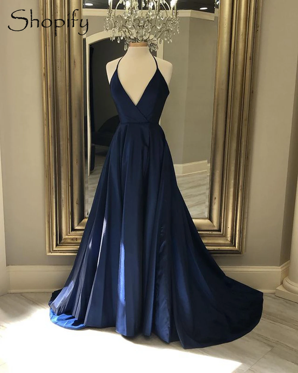 

Simple A-line Halter Sleeveless African Women Formal Navy Blue Satin Long Evening Dresss 2021