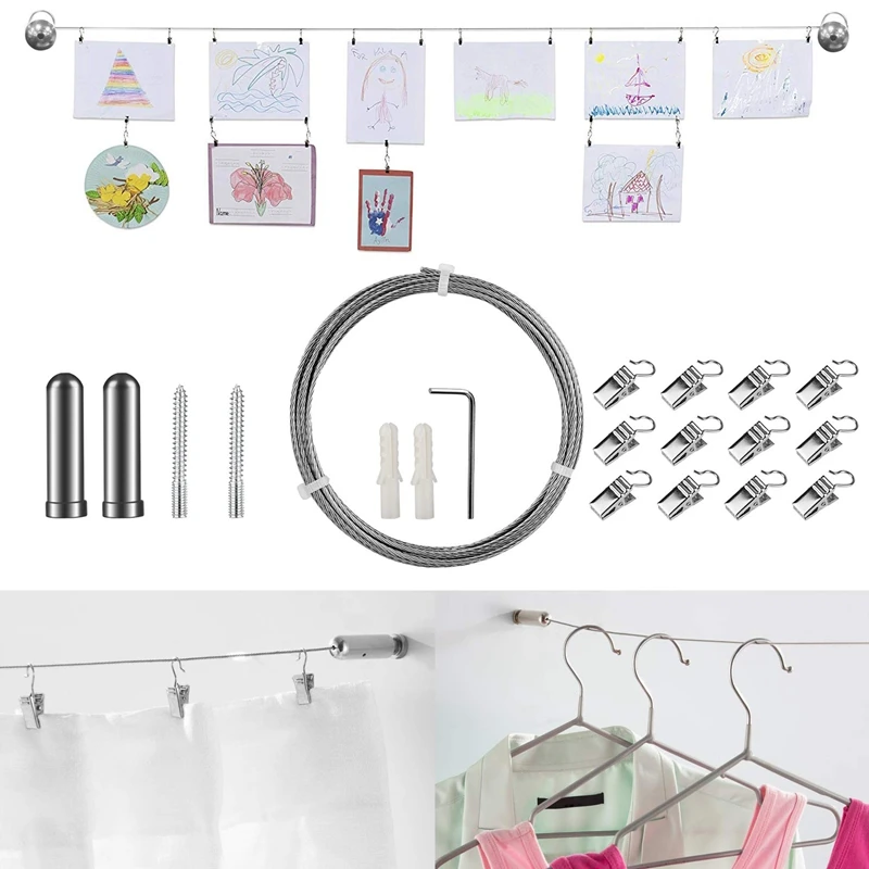 Curtain Drape Wire Rod Set with 12 Clips Stainless Steel Picture Hanging Clothesline Multi-Purpose Hang Photos N | Дом и сад