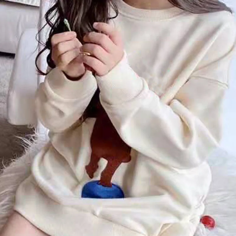 

In Stock 2021 Spring GU Baby Girls Sweatshirt Cartoon Print White Sweatshirts Baby Boys Clothes Teen Girls Clothing
