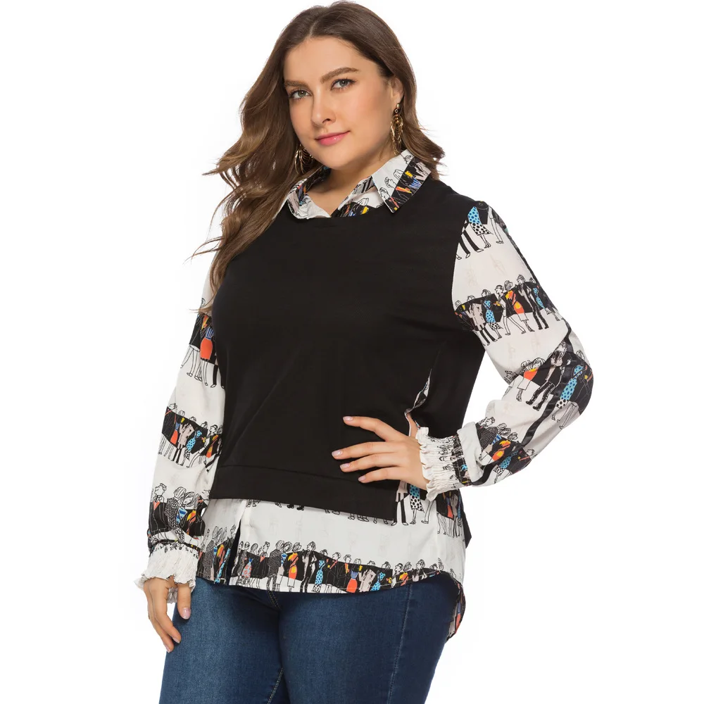 

Plus size women tops spring autumn fake two-piece Casual Blouses retro printing stitching women's shirts TJR5683