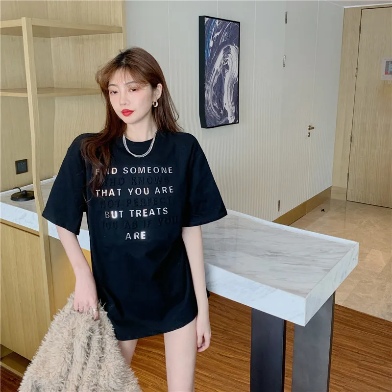 

YTX675 2021 new net celebrity Hong Kong style Korean version of loose and versatile mid-length short-sleeved T-shirt women