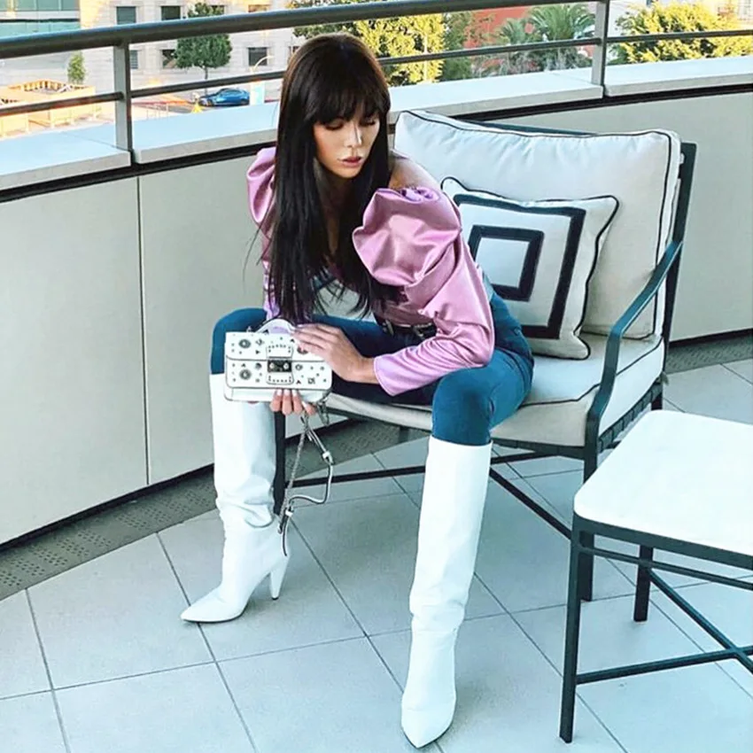 IEMUH Сексуальная шелковая фиолетовая блузка с буфами на рукавах элегантная