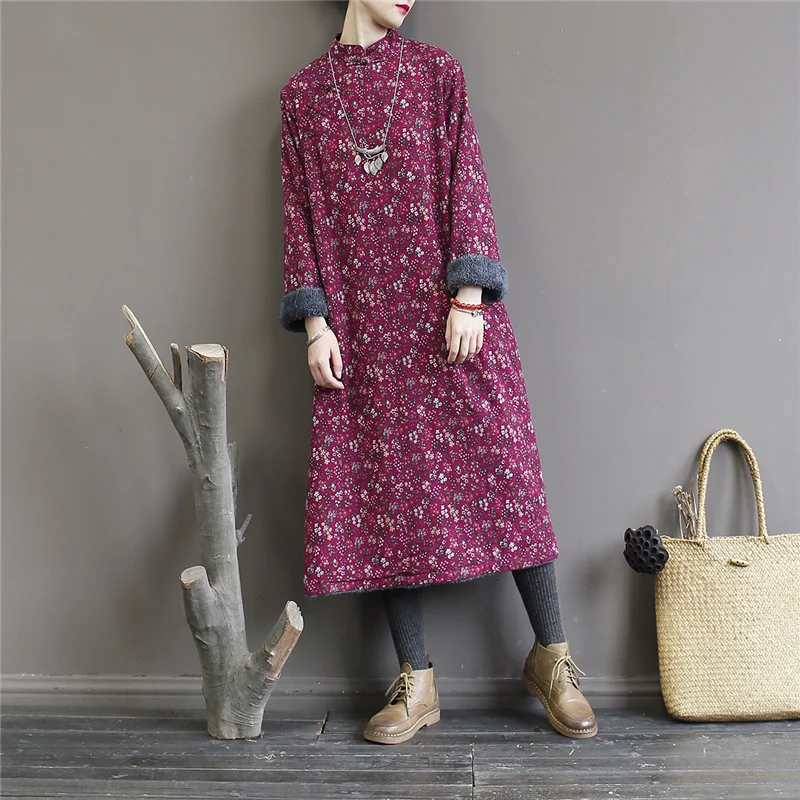 Платье для женщин Johnature винтажное теплое платье из хлопка и льна с длинным