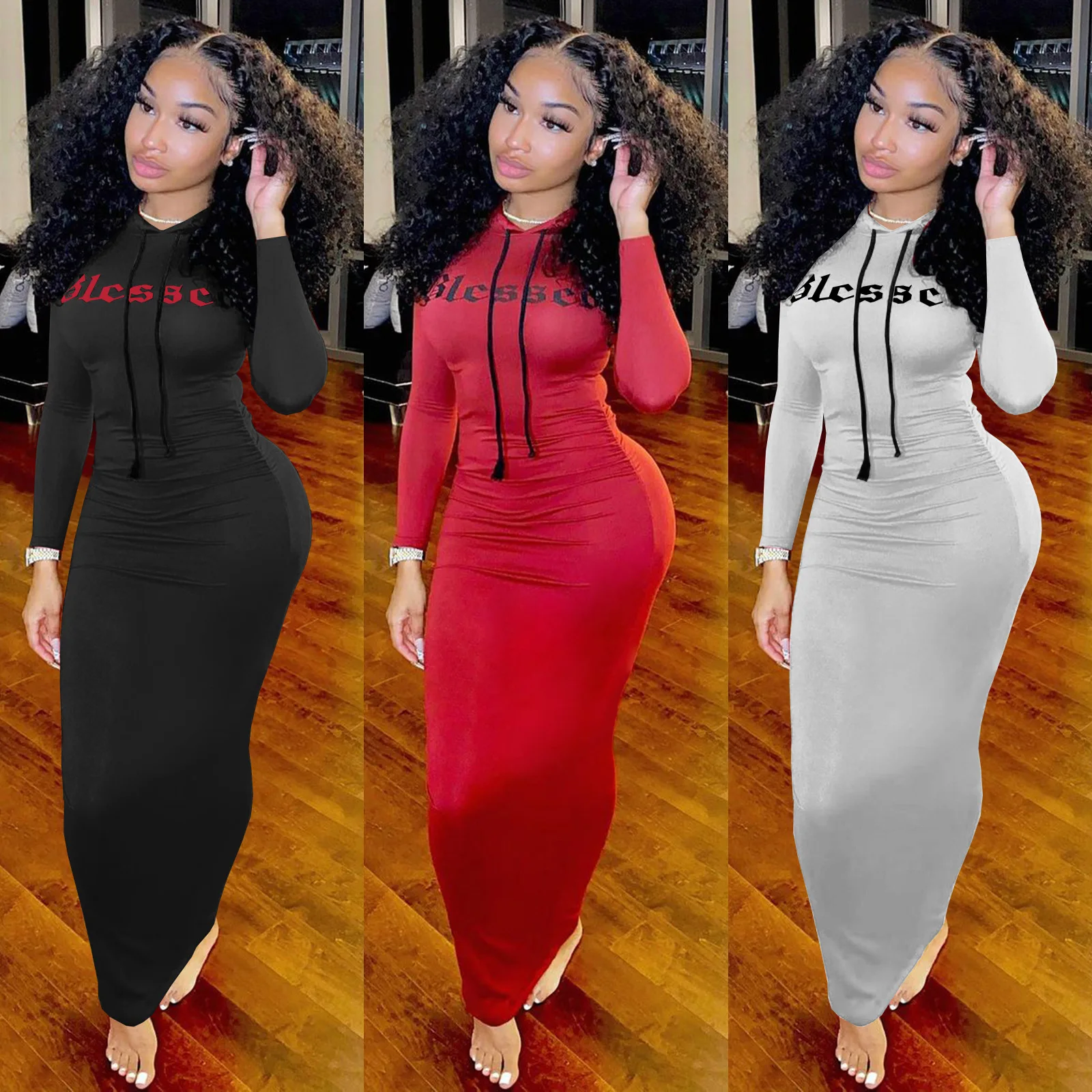 

Coffeehot Dress Solid color Women Hooded Collar Letter Print Long Sleeve Bodycon Midi Maxi Dress Sexy Club Party Long Dresses
