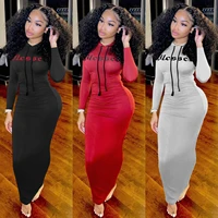 coffeehot dress solid color women hooded collar letter print long sleeve bodycon midi maxi dress sexy club party long dresses