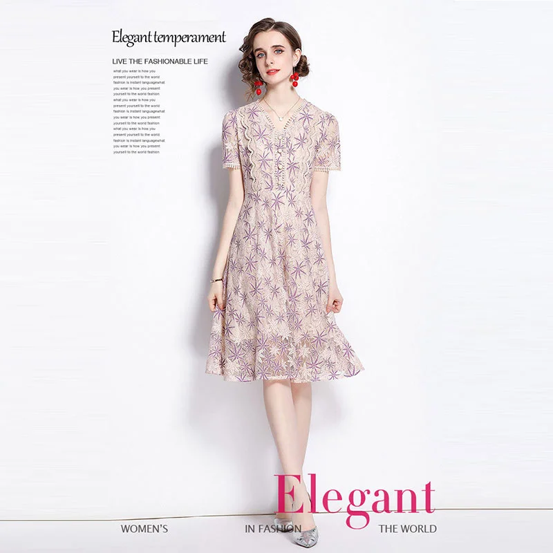 

V-neck short-sleeved lace dress summer 2021 summer women's temperament solid color mid-length dress high-waist A-line skirt