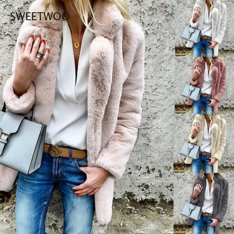 

Winter Solid Color Thick Faux Fur Lapel Coat Loose Women Warm Jacket Outwear Coat Women