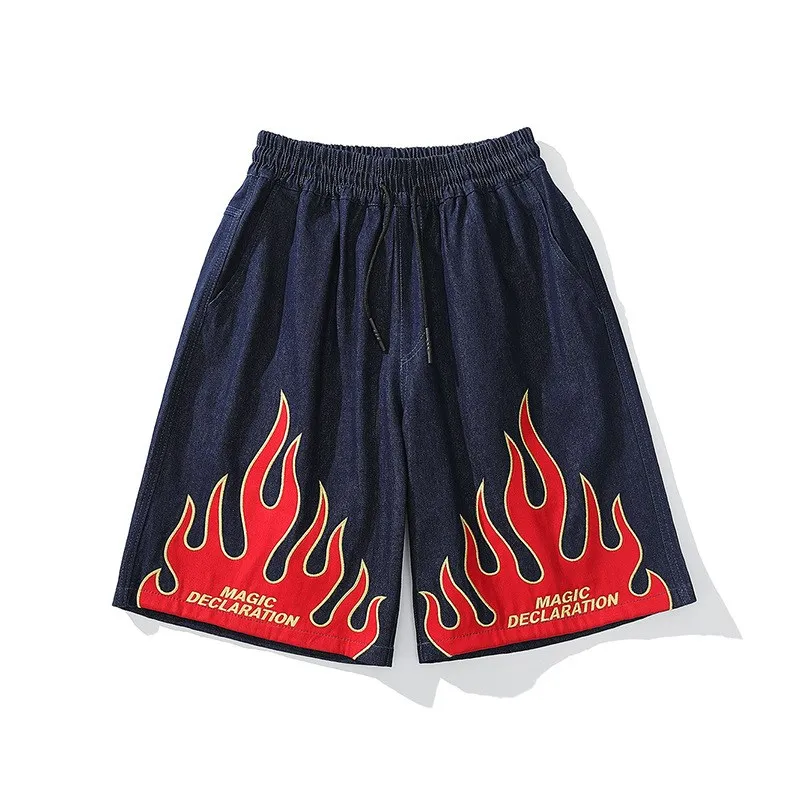 Мужские джинсовые шорты UNCLEDONJM Свободные повседневные в стиле хип-хоп с пламенем