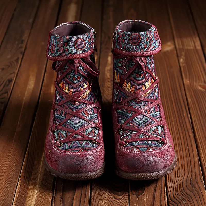 Retro Genuine Leather Printing Comfortable Embossed Pattern Splicing Folkways Craft Cloth Women Zipper Ankle Boots Women Shoes