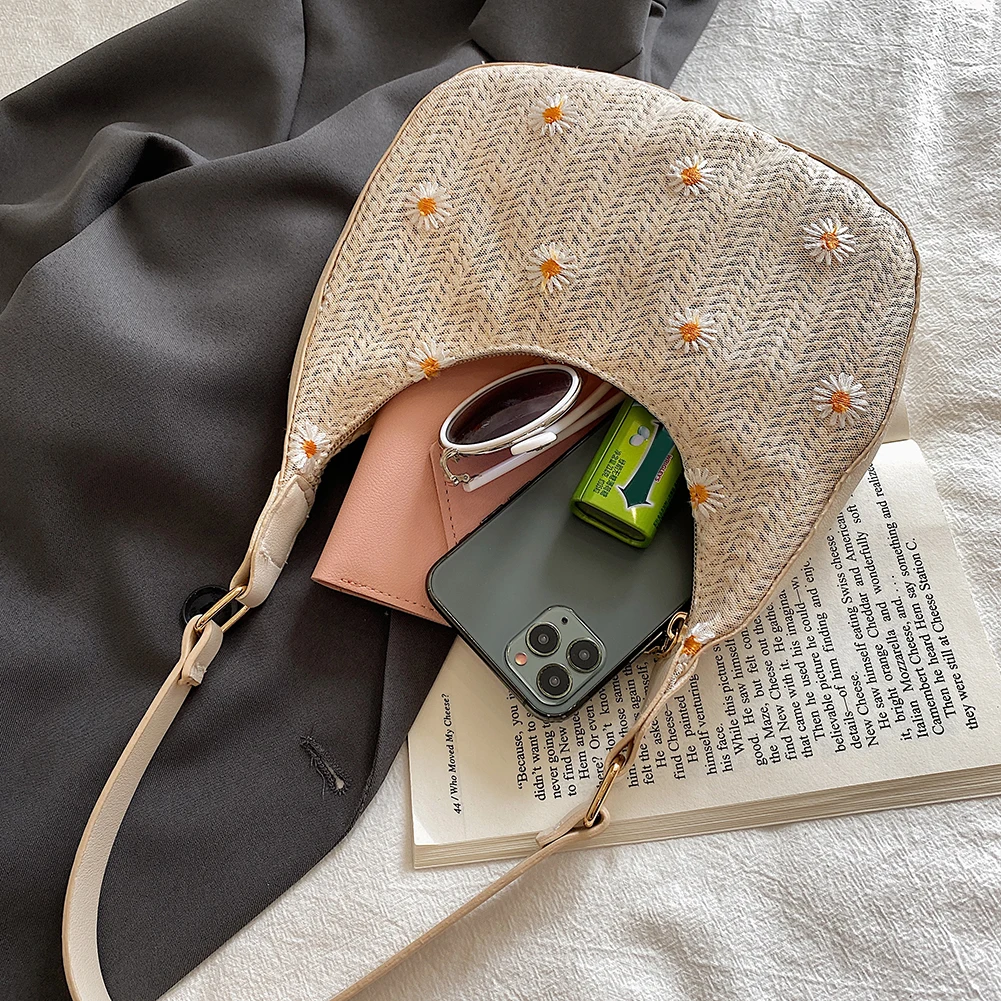 

Fashion Women Daisy Embroidery Lace Woven Shoulder Underarm Bag Casual Ladies Summer Vacation Beach Small Hobos Handbags Purse
