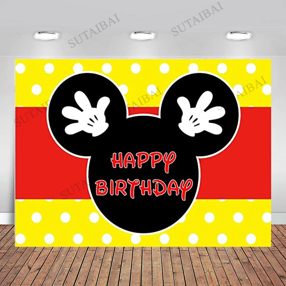 

Cartoon Mouse Happy Birthday Background Red Stripe Dot Princess Girl Baby Photography Backdrop Photocall Background Studio
