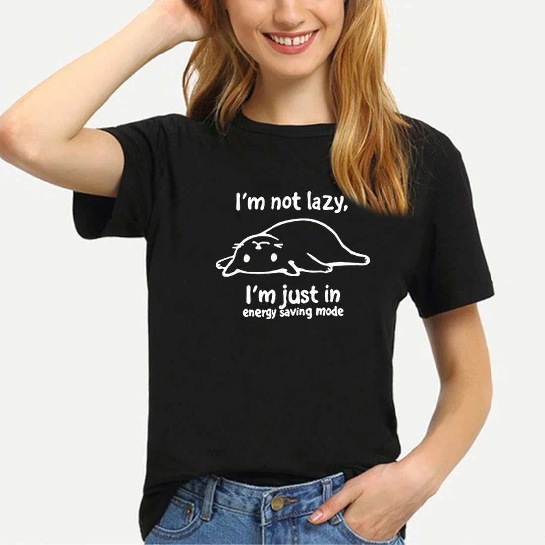 Футболка с мультяшным котом Женская забавная футболка I'm Not Lazy женская коротким