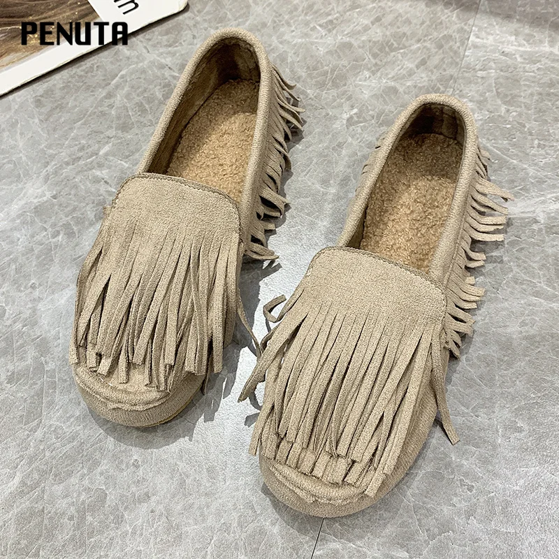 

2021 Slip On Tassel Shoes Women Autumn Winter Casual Flats Warm Comfortable Female Loafers Anti Skid Women's Shoes New F011P