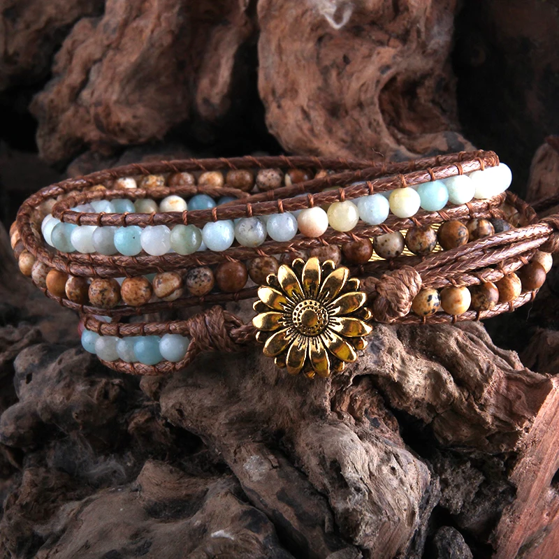 RH Fashion Boho Bracelet Armbander Believe Metal Charm Natural Stones 3 Strands Woven Wrap Bracelets Dropshipping | Украшения и